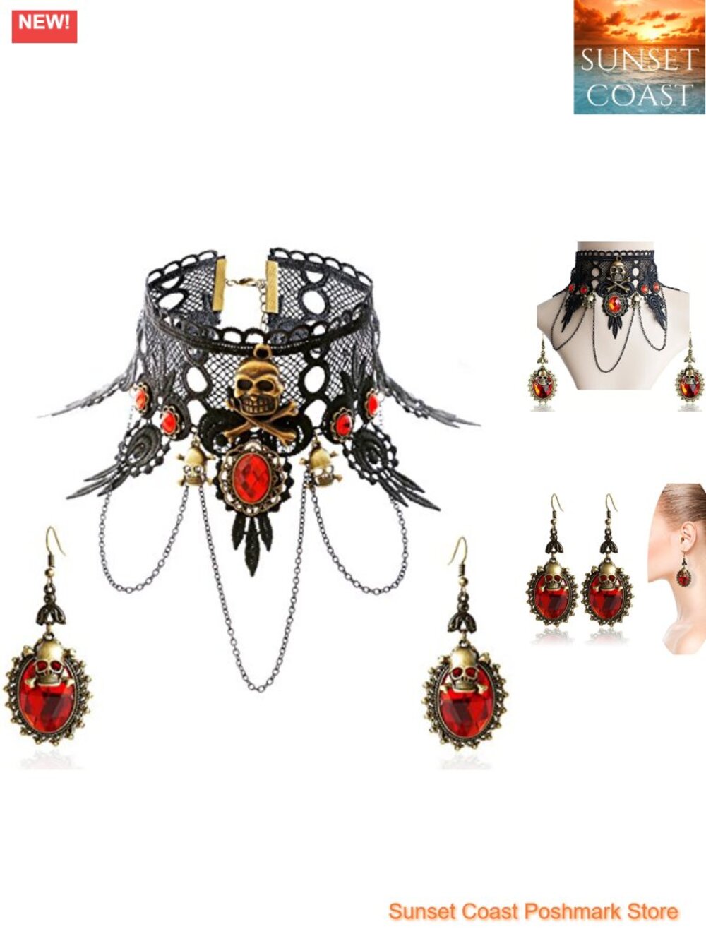 Lace Choker Necklace Earrings Set Rhinestone Alloy Adjustable Halloween Costume